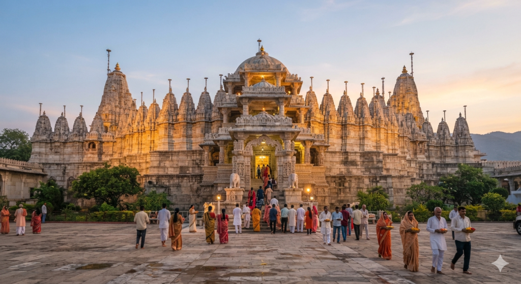 A grand Hindu temple in Rajasthan at dawn, ornate marble and sandstone architecture with intricately carved gates, soft golden sunrise light, devotees in traditional Indian attire gathered quietly at the entrance, warm and serene atmosphere, wide-angle architectural photography style, photorealistic