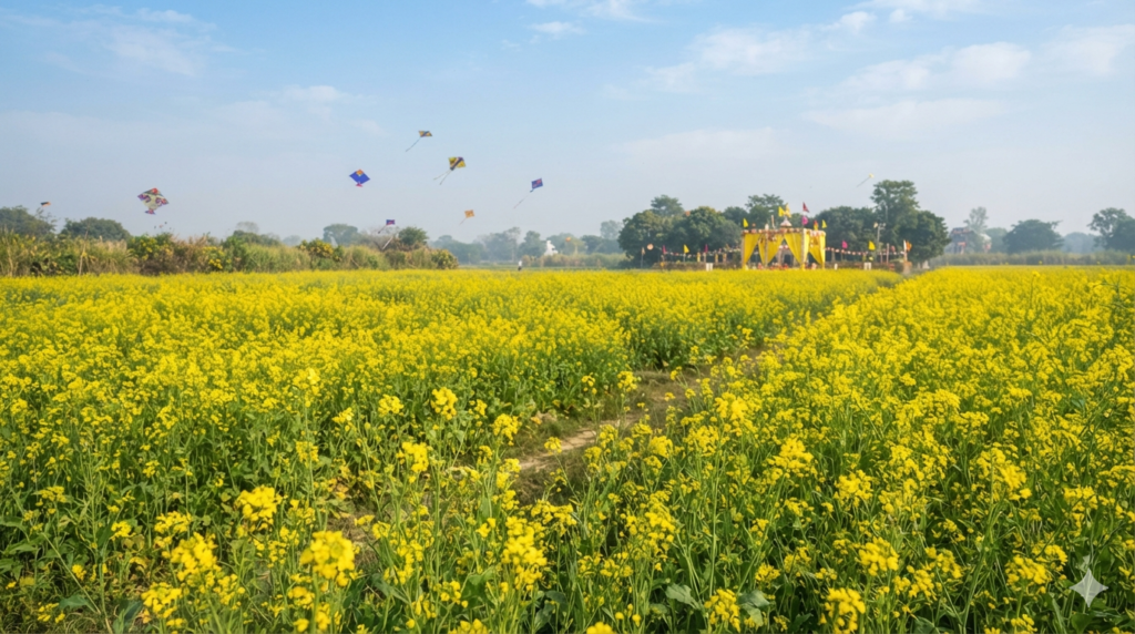 "A wide, vibrant outdoor scene of a golden mustard field in full bloom under a soft blue late-January sky, with a few colorful kites flying in the distance. In the far background, a hint of a decorated festival pandal with yellow drapery is visible, slightly out of focus. The mood is bright, fresh, and celebratory, evoking the arrival of spring. Photorealistic, natural lighting, rich yellow and green tones, no visible people, no text or logos."