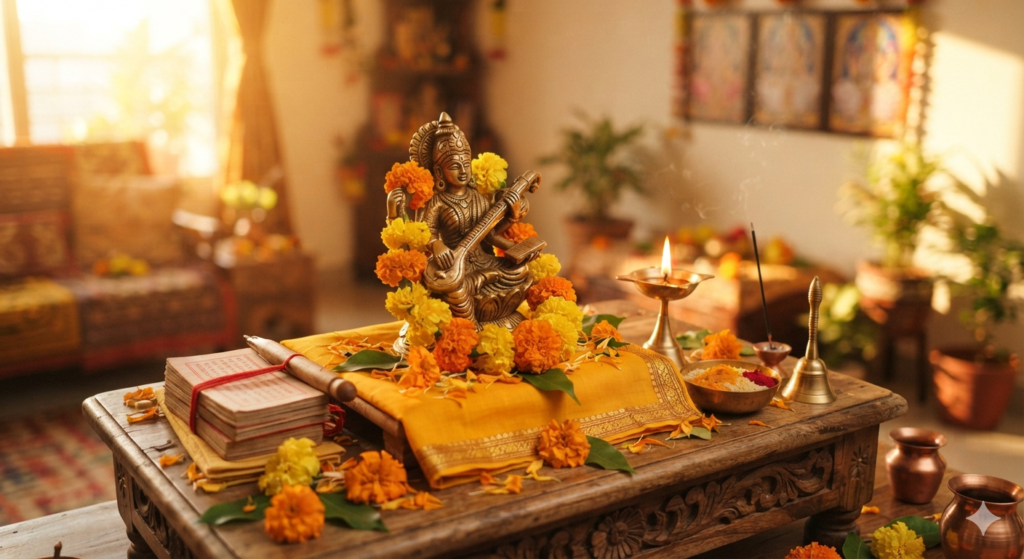 "A warm, softly lit home puja setup for Saraswati Puja, viewed from a slight overhead angle. A small brass idol of Goddess Saraswati sits on a yellow cloth-draped platform, surrounded by marigold flowers, a lit oil lamp (diya), a small pile of books and a pen, and a bowl of turmeric-dusted rice. Golden morning sunlight streams in from the left, giving everything a warm glow. Soft bokeh in the background suggests a cozy Indian home interior. Photorealistic, warm color palette dominated by yellows, golds, and soft browns, shallow depth of field, no visible people or text."