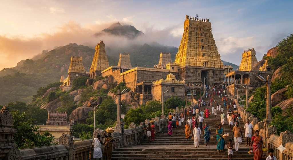 A grand Hindu temple in Rajasthan at dawn, ornate marble and sandstone architecture with intricately carved gates, soft golden sunrise light, devotees in traditional Indian attire gathered quietly at the entrance, warm and serene atmosphere, wide-angle architectural photography style, photorealistic