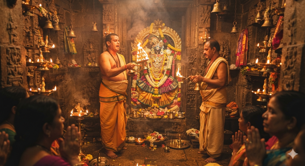 "Interior of an Indian temple sanctum during an evening aarti ceremony, priests holding brass diyas with flickering flame light, ornately decorated deity idol in the background draped in vibrant fabric and garlands, smoke from incense rising, warm amber and orange lighting, devotional and peaceful mood, realistic photography style"