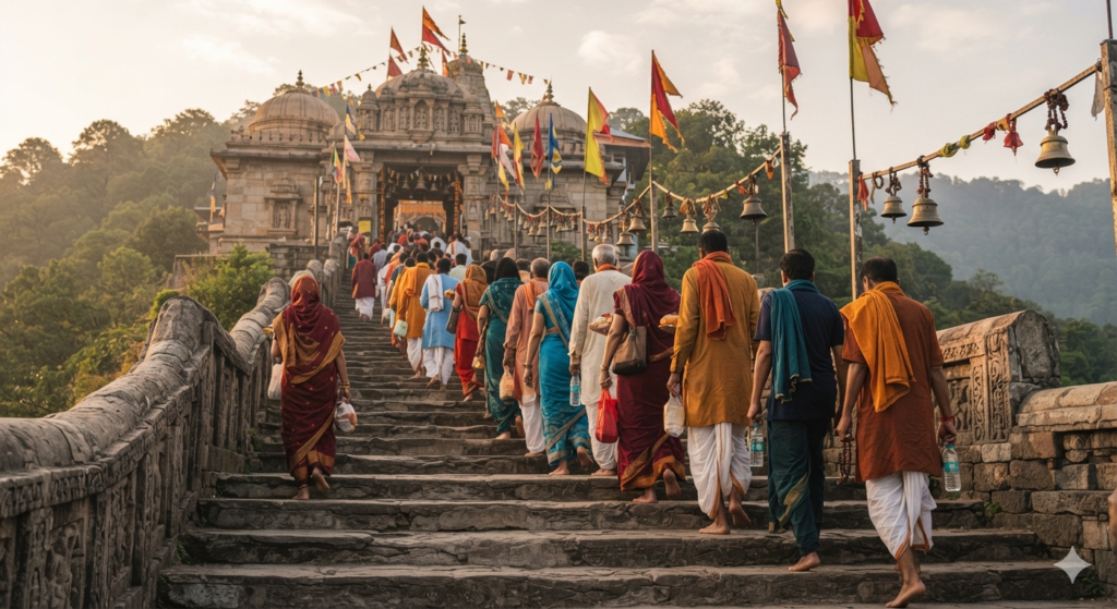 "A peaceful queue of Indian pilgrims in traditional attire walking up stone steps toward a hilltop temple entrance at early morning, soft golden-hour lighting, temple flags and bells visible, a sense of calm devotion, photorealistic travel photography style, no visible faces in close-up."