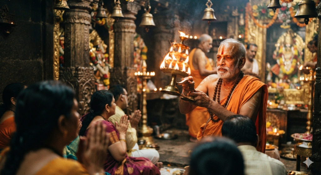 A close-up shot of temple priests performing Sandhya Aarti at dusk, holding a brass diya with flames, devotees with folded hands in soft focus in the foreground, warm orange and gold lighting, authentic North Indian temple ritual setting, realistic photography style.