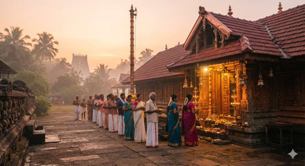image with front view of Udupi Krishna Temple and people are standing in line