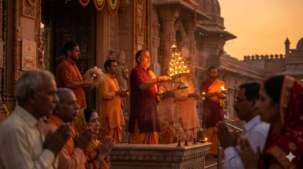 A wide-angle photograph of the Khatu Shyam Ji Temple entrance at early morning, soft golden-hour light, a small line of devotees in traditional Indian attire waiting calmly near the gate, temple spires visible in the background, warm and serene atmosphere, realistic photography style.