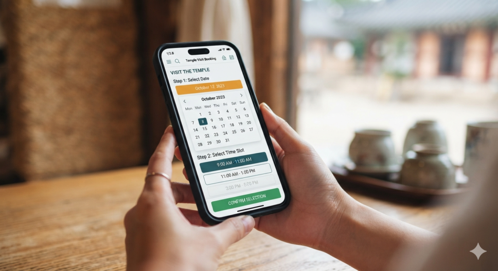 a close-up photograph of a person's hands holding a smartphone displaying a generic temple ticket booking app interface with a calendar date-picker and time slot selection screen, natural indoor lighting, shallow depth of field, modern minimal UI design without any real brand names or logos, conveying the feeling of online ticket booking."