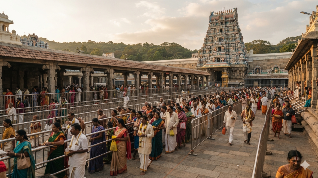 A wide, warm daylight photograph of devotees in a organized queue line outside Tirumala temple complex in India, showing the Vaikuntam Queue Complex architecture with traditional South Indian temple gopuram in the background, pilgrims dressed in traditional attire waiting calmly, soft golden-hour lighting, realistic photojournalistic style, no readable text or logos visible."
