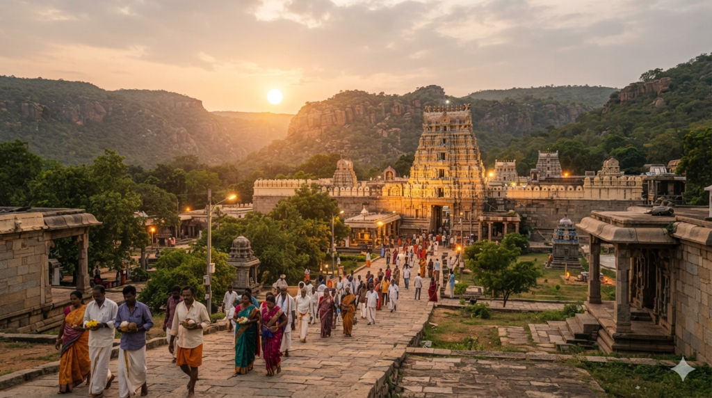 A wide-angle view of the Srisailam Mallikarjuna Swamy temple complex at early morning, golden sunrise light over the Nallamala hills, devotees in traditional Indian attire walking toward the temple gopuram, warm and serene atmosphere, realistic photography style