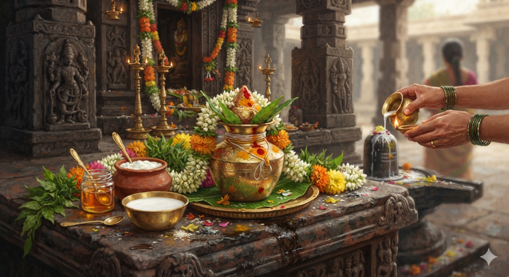 A close-up, respectful illustration of temple ritual items used for Abhishekam — a brass kalasham, milk, honey, curd, and fresh flower garlands arranged on a stone platform, soft natural lighting, traditional South Indian temple setting, no people's faces visible